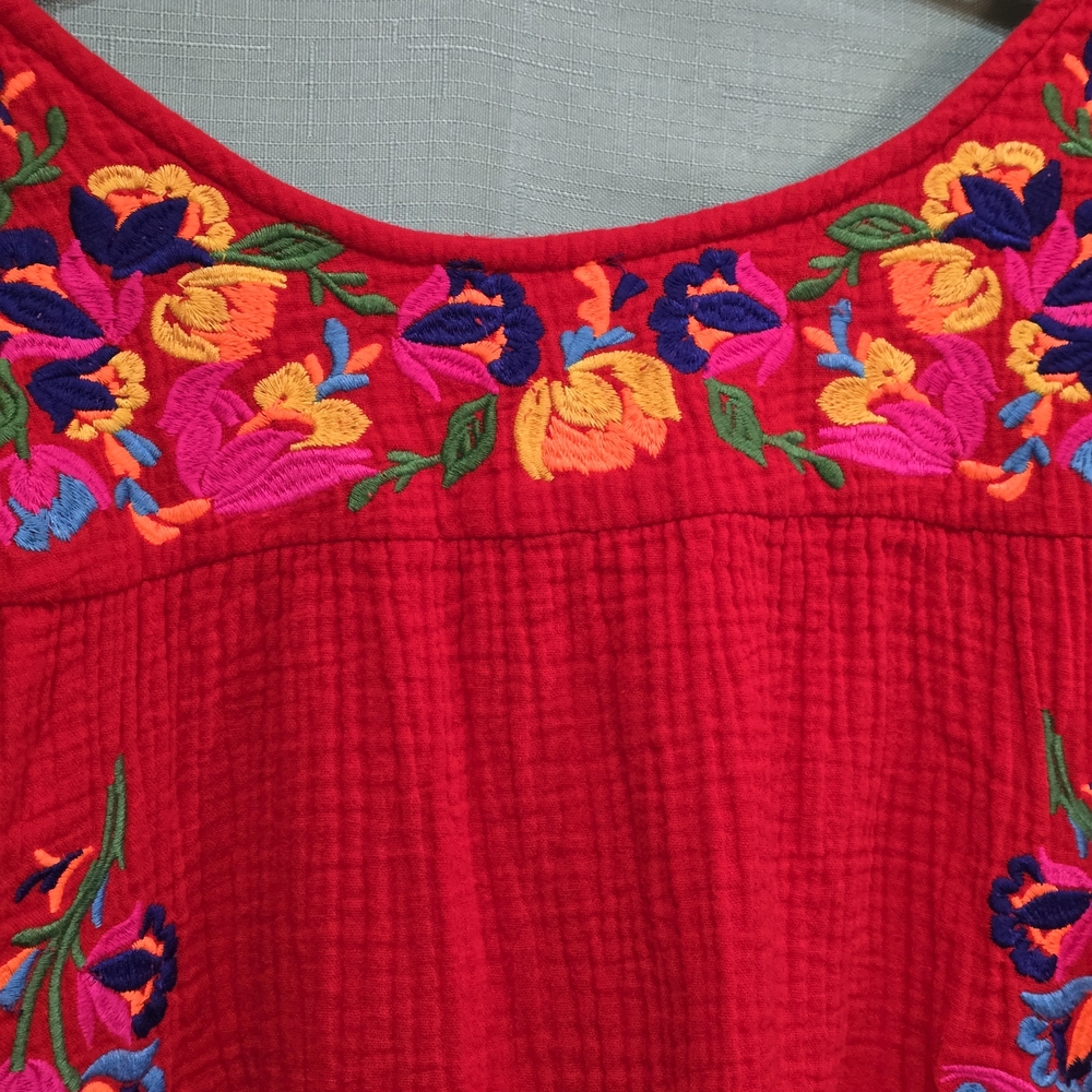 See and Be Seen Red Dress W/Embroidered Colorful Flowers W/Pockets EUC - Picture 5 of 10